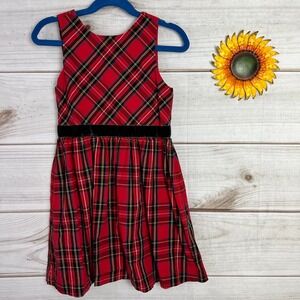 Crewcuts Girls Plaid Dress Size 6 Red Black Sleeveless Velvet Waist